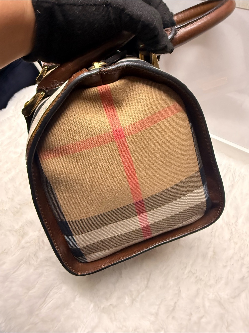 BURBERRY House Check Bowling Bag Brown Leather Handle - Picture 11 of 13